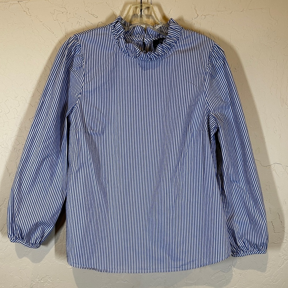 J Crew Organic Cotton Ruffleneck Blue Striped Blouse‎ Women’s Sz M Preppy Spring